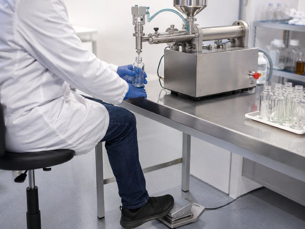 compact benchtop liquid filler foot pedal operation
