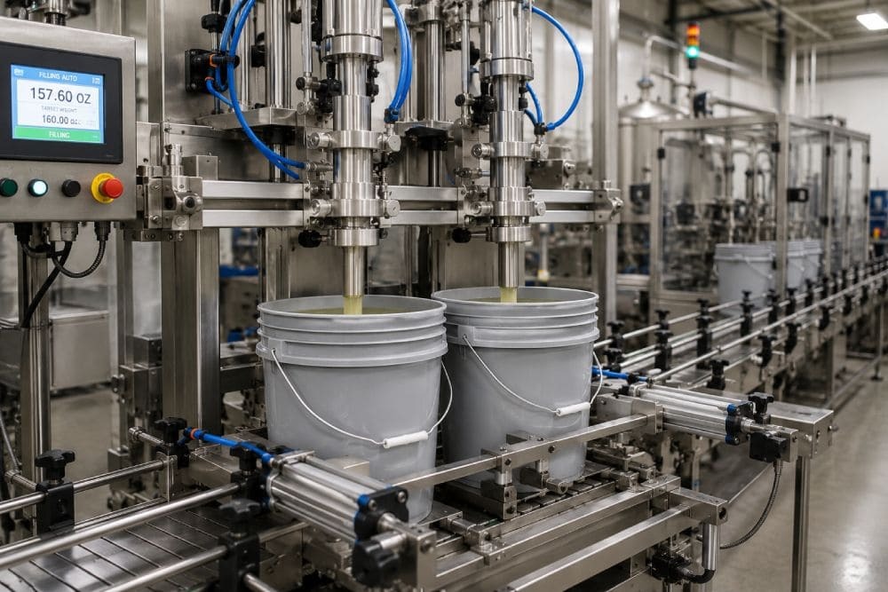 Fully automatic multi head pail filler conveyor