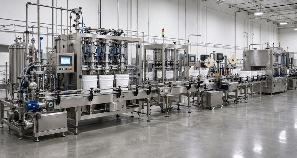 Fully integrated used liquid pail packaging line