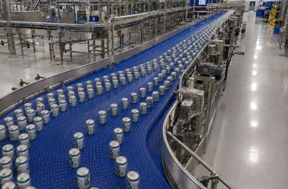 High speed conveyor system beverage packaging layout