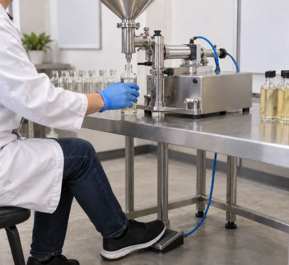 Manual benchtop piston liquid filler foot pedal