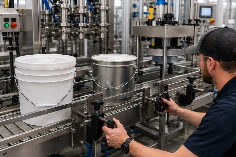 Pail filling line changeover testing multiple containers