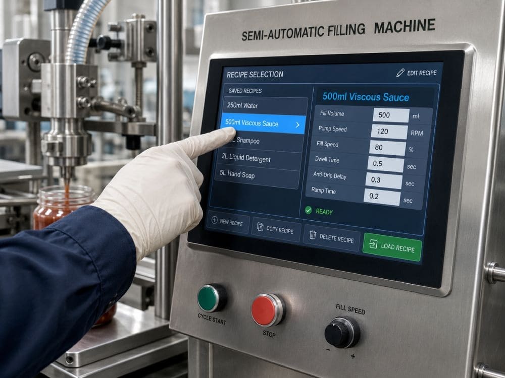 semi automatic filler hmi touchscreen recipe storate