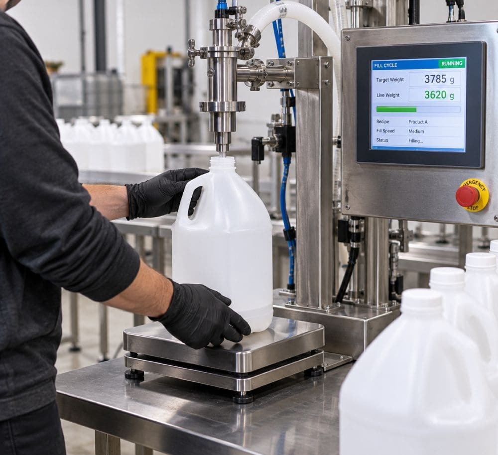 Semi automatic net weight liquid filling station